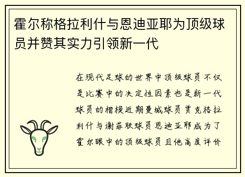 霍尔称格拉利什与恩迪亚耶为顶级球员并赞其实力引领新一代